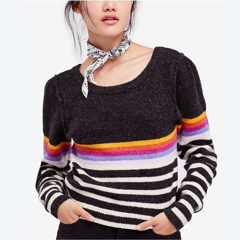 Free People Black Rainbow Striped Scoop Neck Pullover Sweater Medium